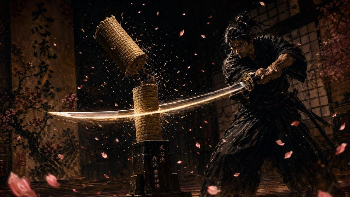 Tameshigiri Probeschnitt mit Katana an einer Tatami-Matte