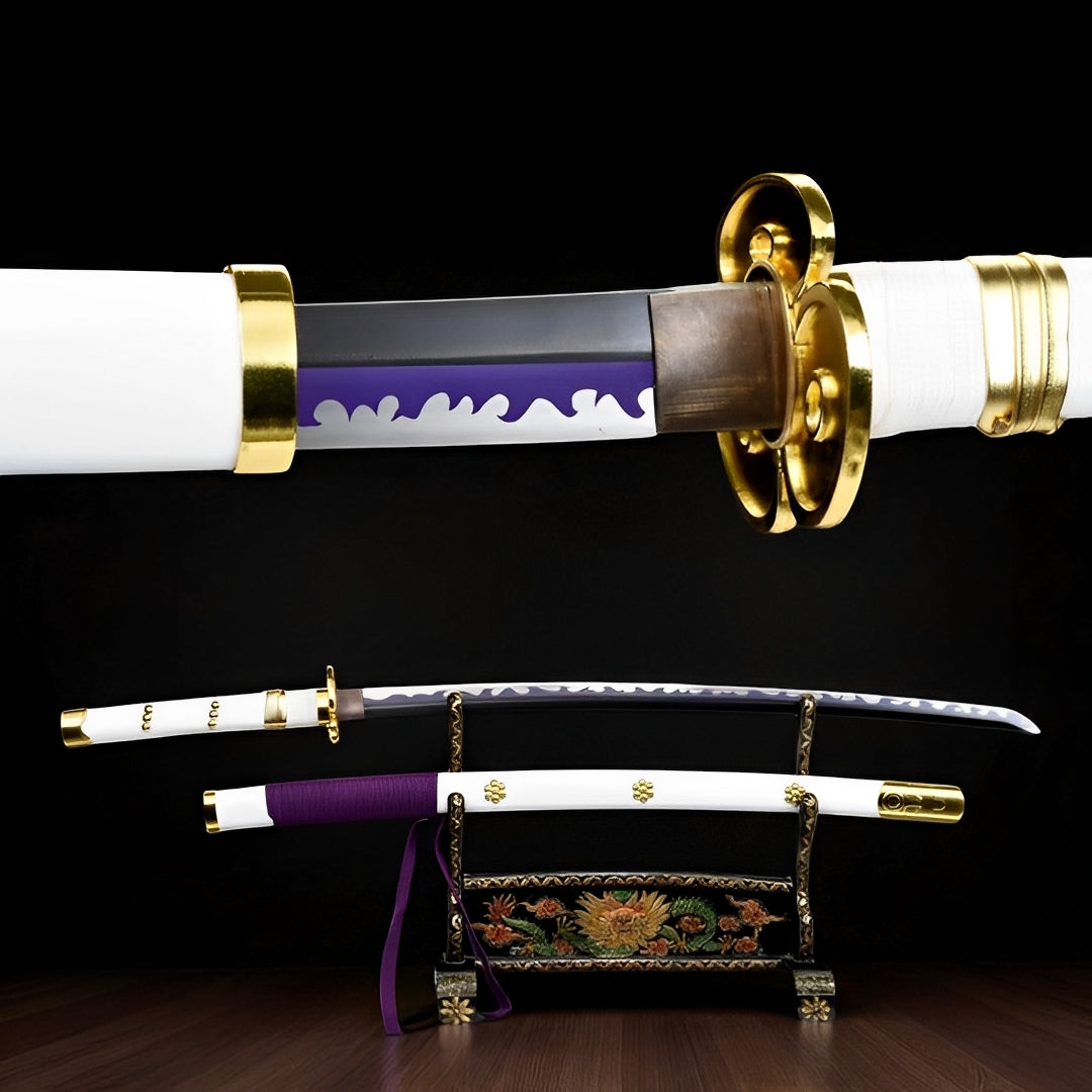 Ame no Habakiri Katana (One Piece) - 魂の — Komplett-Ansicht mit Saya und Display-Ständer