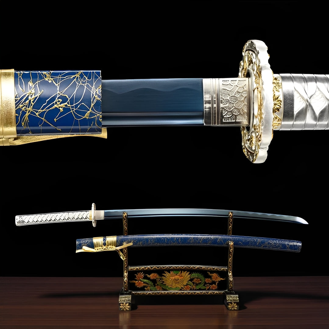Aoi Seika Katana Gesamtansicht auf kunstvollem Drachen-Pfingstrosen-Ständer mit marineblauer Saya