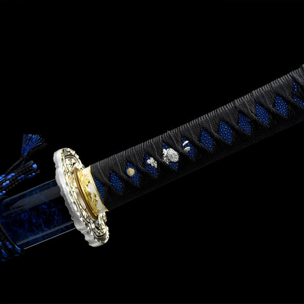 Aonami Wakizashi (T10-Stahl) - 青波 — Griff-Detail mit Ito-Wicklung
