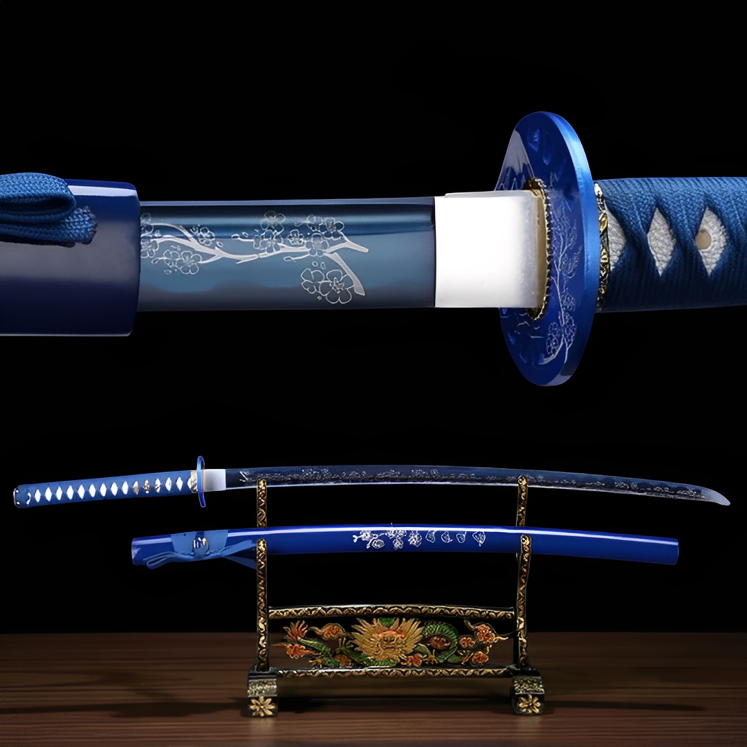 Blaues Sakura Katana - 青桜刀 — Komplett-Ansicht mit Saya und Display-Ständer