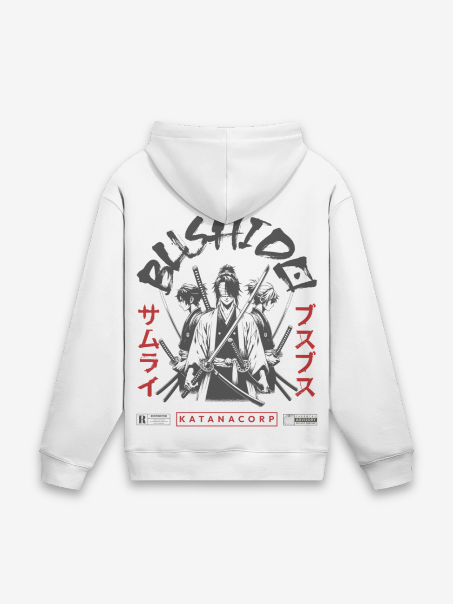 Bushido Hoodie weißer Fleece mit entschlossenem Samurai und Katana-Klinge, roten サムライ Katakana