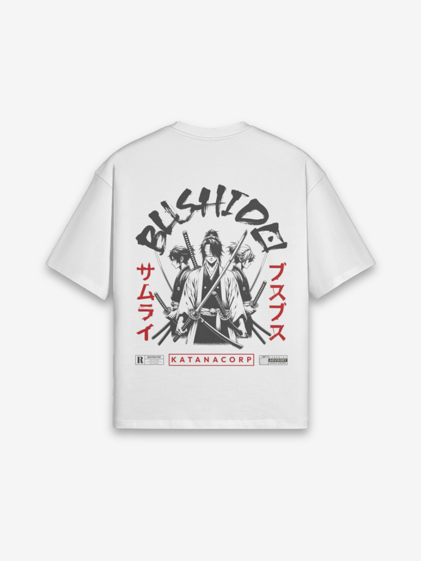 Bushido T-Shirt weiß mit meditierendem Samurai in Seiza-Position und 6 strahlenden Katanas-Mandala