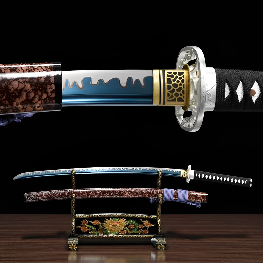 Erdbrecher Katana - 大地破刀 — Komplett-Ansicht mit Saya und Display-Ständer