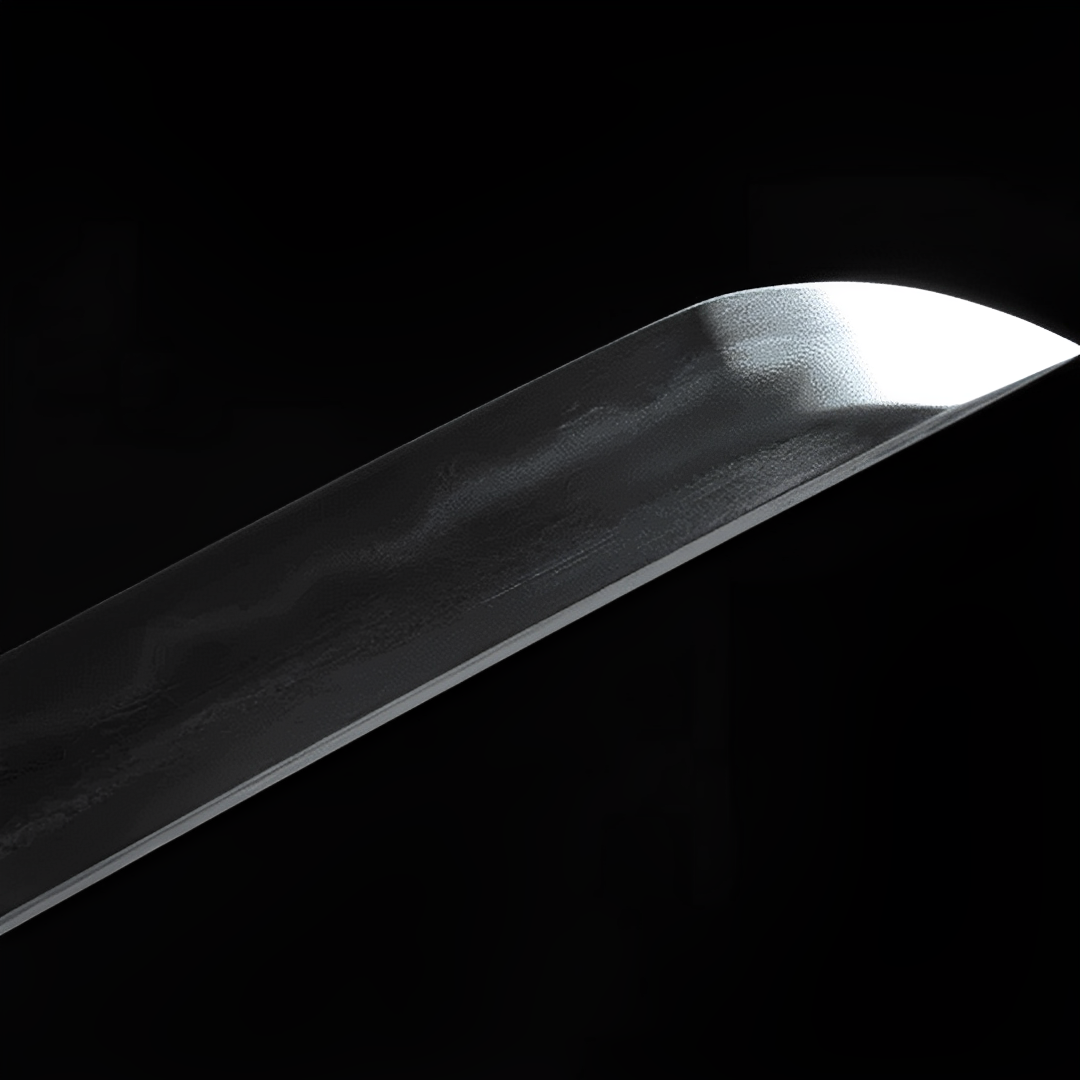 Hanachi Katana auf schwarzem Ständer mit lackierter Holz-Saya und sichtbarer dunkler Maserung