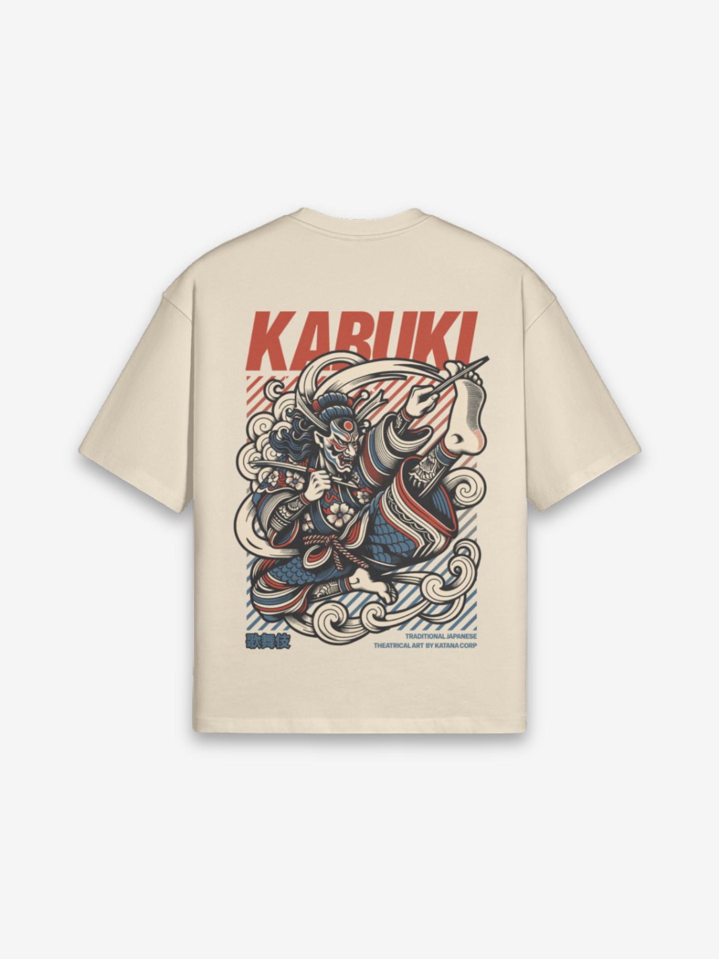 Kabuki T-Shirt cremefarben mit Ukiyo-e-Kabuki-Schauspieler, Oni-Maske und 歌舞伎 roter Typografie
