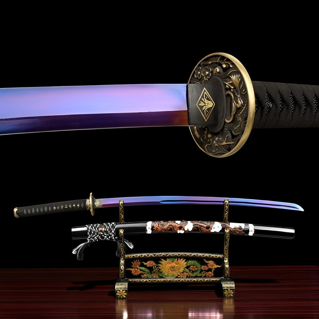 Lila Klinge Katana - パープル — Komplett-Ansicht mit Saya und Display-Ständer