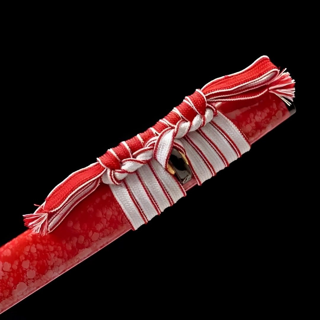 Rote Klinge Katana - ブレード — Tsuba Nahaufnahme und Ito-Wicklung