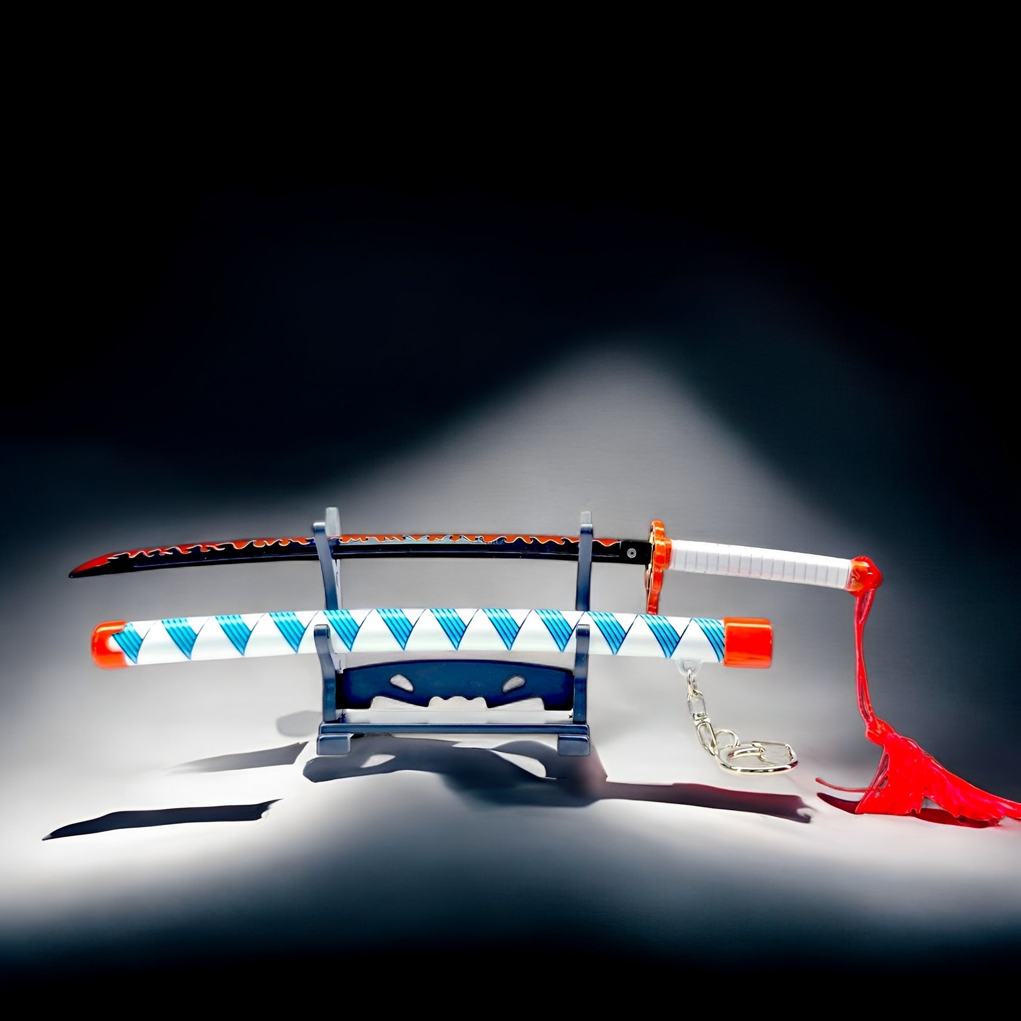 Rengoku Kyoujurou Mini-Katana — Komplett-Ansicht auf Display-Ständer