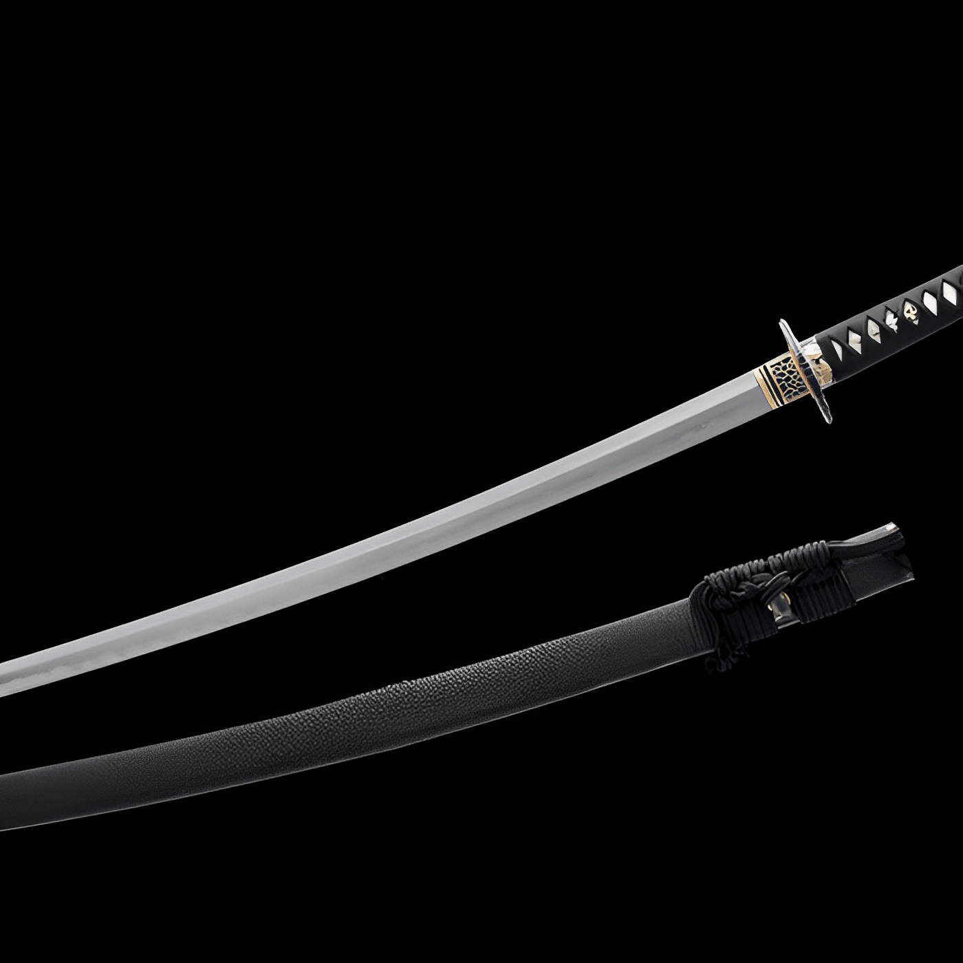 Ryujin Katana auf Holzständer mit 武-Kanji und echter Stachelrochen-Saya
