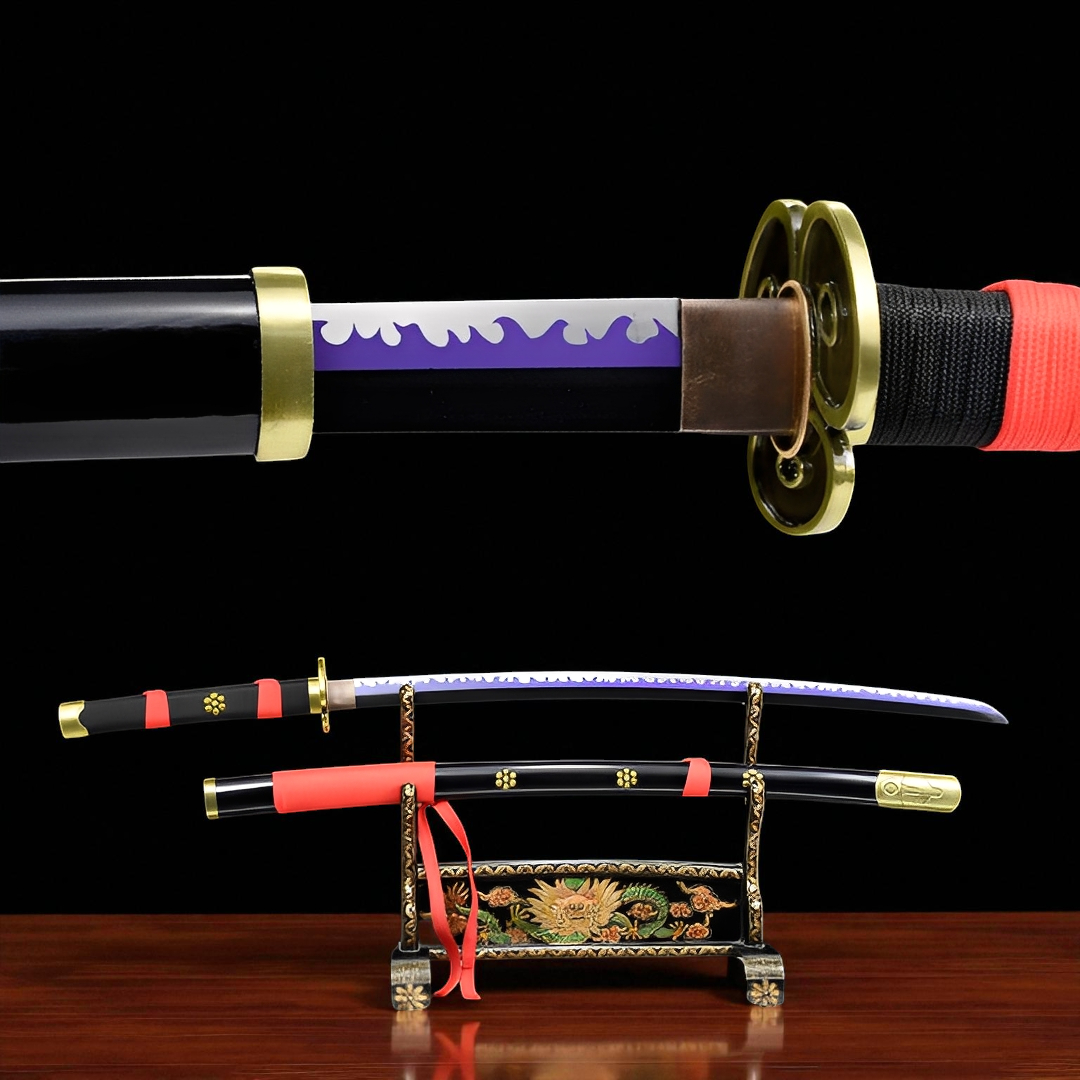 Schwarzes Enma Katana - 黒閻魔 — Komplett-Ansicht mit Saya und Display-Ständer
