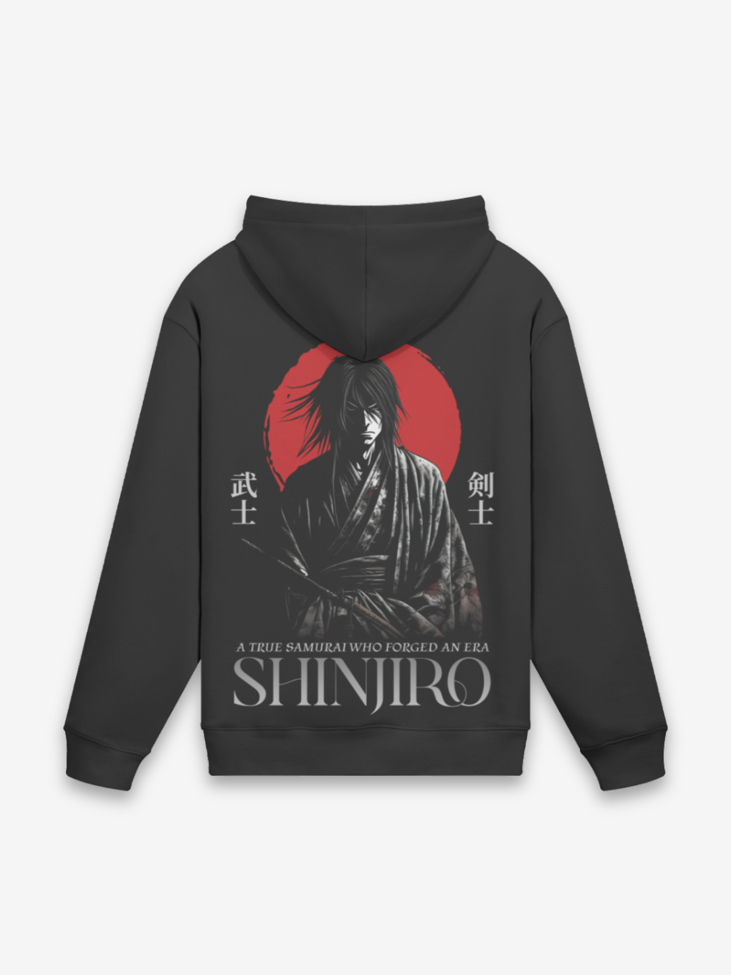 Shinjiro Hoodie schwarzer Fleece mit Samurai-Silhouette vor roter aufgehender Sonne und Kanji 武士 剣士