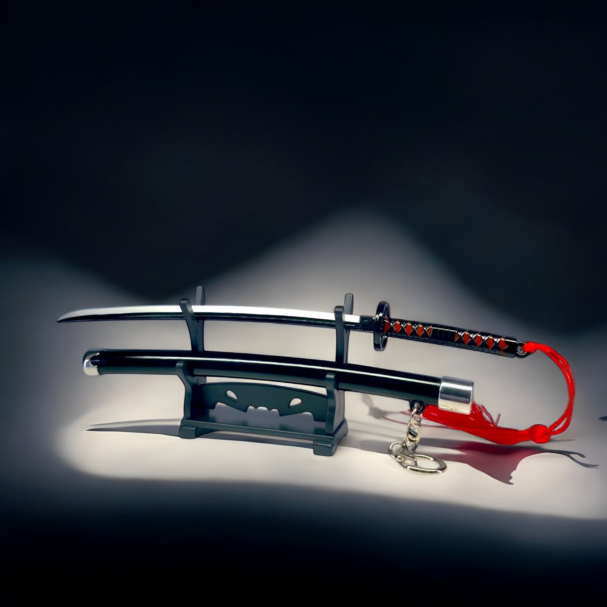 Tanjiro V2 Mini-Katana — Komplett-Ansicht auf Display-Ständer
