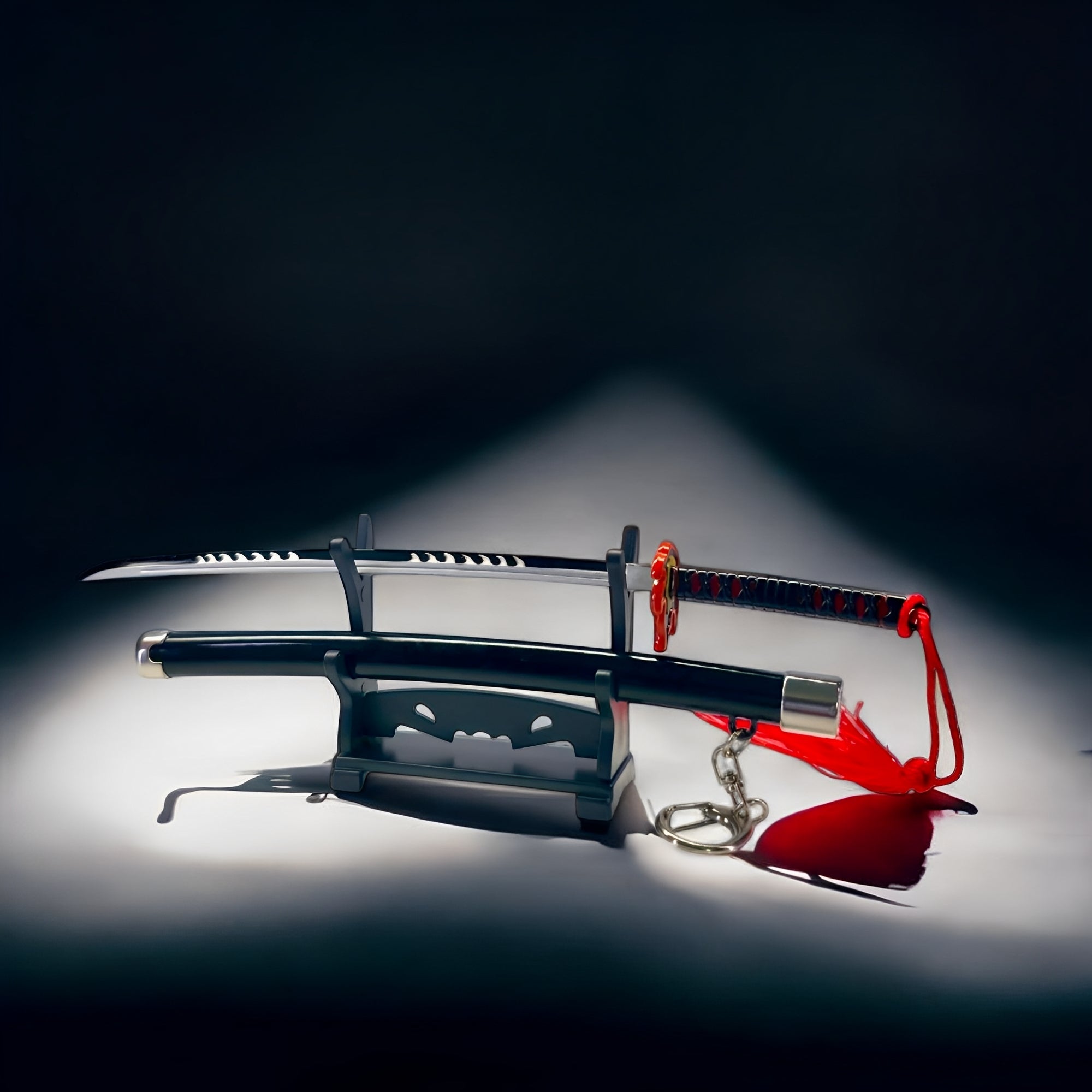 Tanjiro V3 Mini-Katana — Komplett-Ansicht auf Display-Ständer