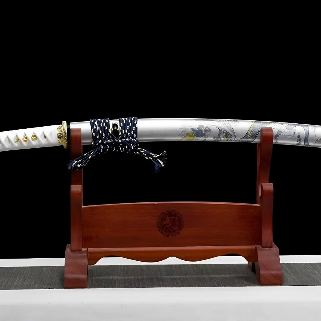 Tsukihana Wakizashi (T10-Stahl) - 月華 — Tsuba und Habaki Nahaufnahme