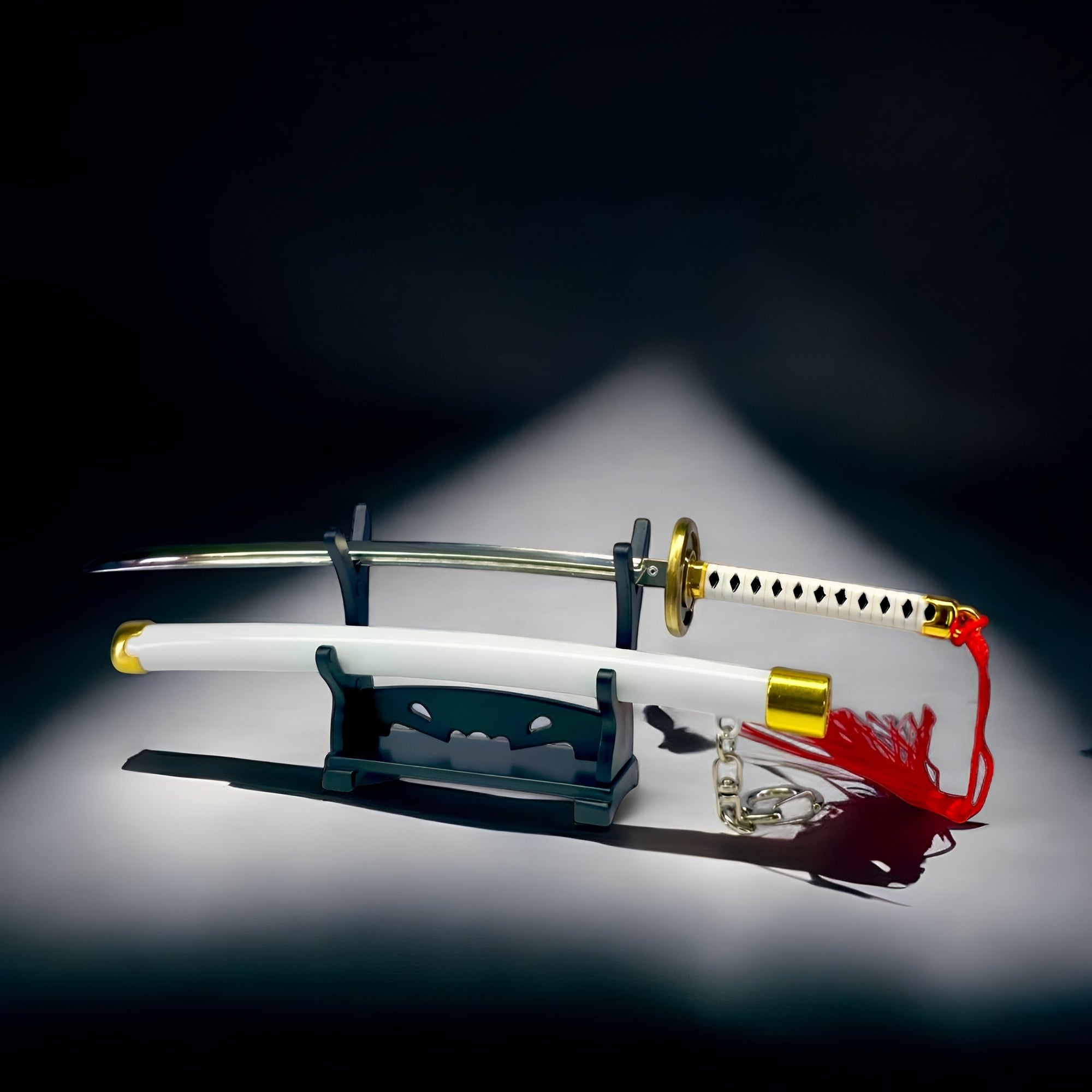 Wado Ichimonji Mini-Katana — Komplett-Ansicht auf Display-Ständer