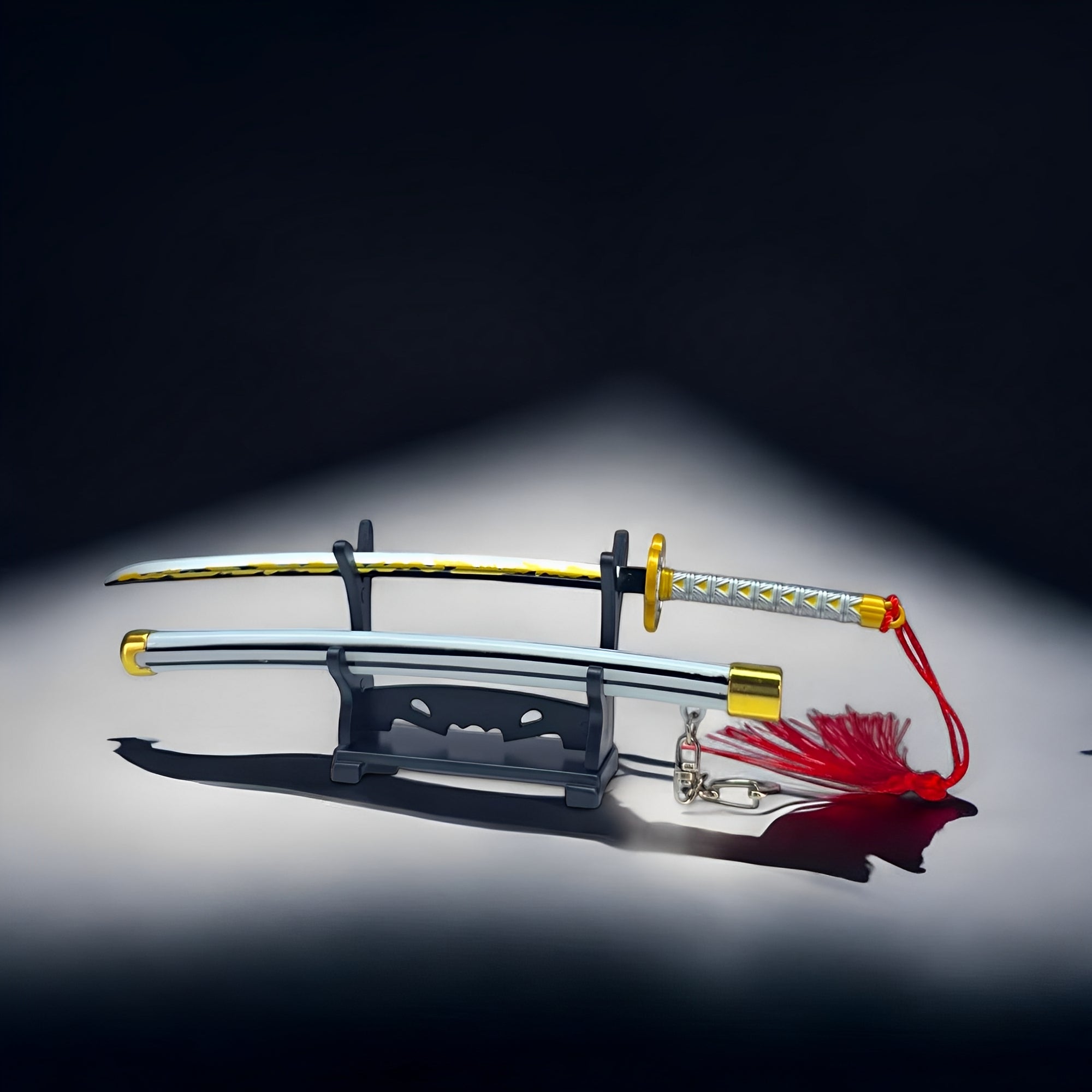 Agatsuma Zenitsu Mini-Katana — Komplett-Ansicht auf Display-Ständer