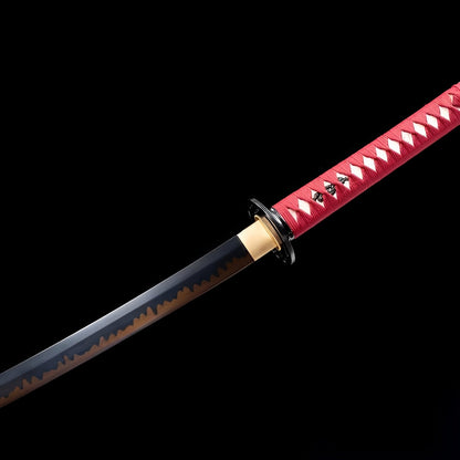 Akagane Katana (T10-Stahl, echter Hamon & Rochenhaut) - 赤金 — Griff-Detail mit Rochenhaut und Menuki