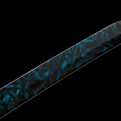 Blaue Klinge Katana - 蒼結晶 — Klingen-Detail Nahaufnahme mit sichtbarem Stahl