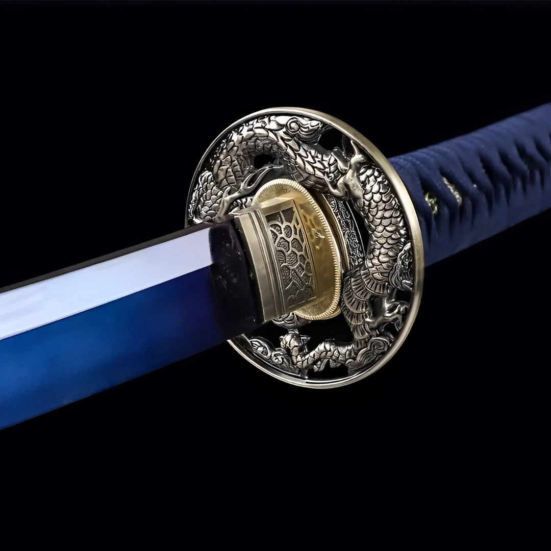 Blauer Drache Katana - ドラゴン — Griff-Detail mit Rochenhaut und Menuki