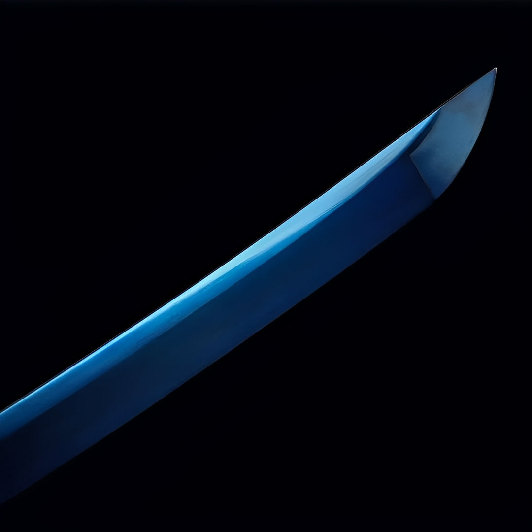 Blauer Drache Katana - ドラゴン — Klingen-Detail Nahaufnahme mit sichtbarem Stahl