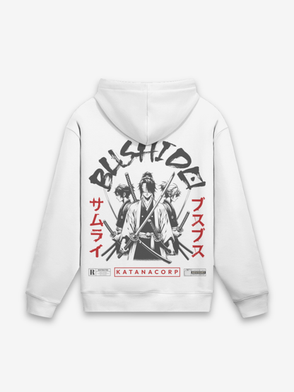 Bushido Hoodie weißer Fleece mit entschlossenem Samurai und Katana-Klinge, roten サムライ Katakana