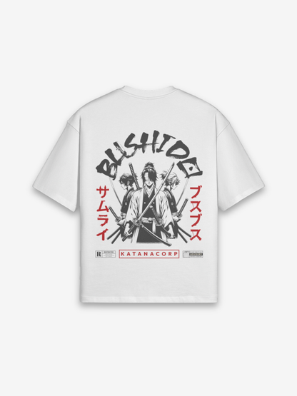 Bushido T-Shirt weiß mit meditierendem Samurai in Seiza-Position und 6 strahlenden Katanas-Mandala