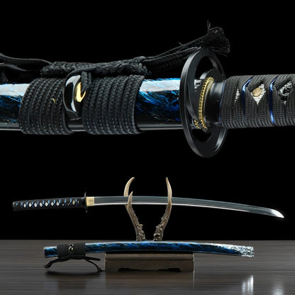 Cyberpunk Katana - サイバーパンク — Komplett-Ansicht mit Saya und Display-Ständer