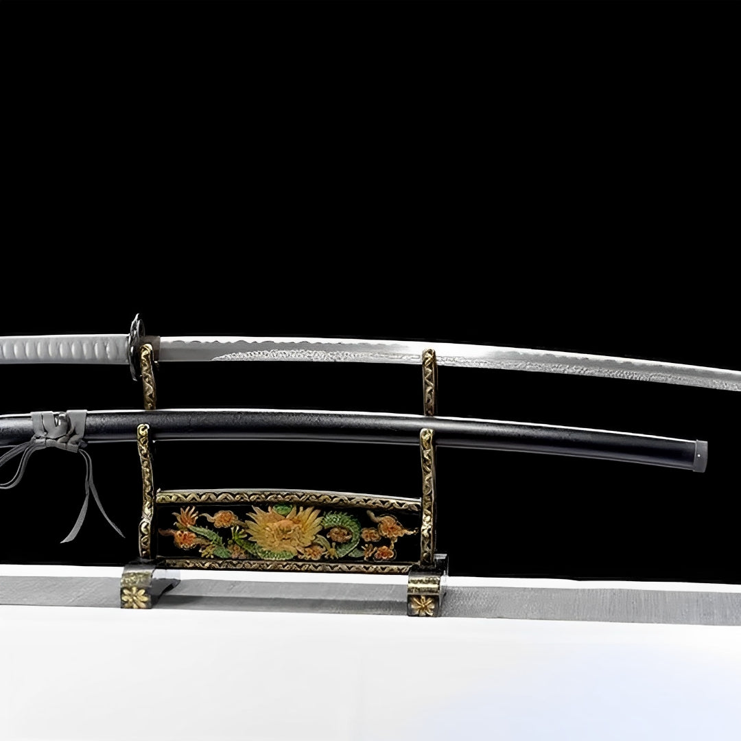 Elden Ring Katana (Damaststahl & Hamon) - 静刀 — komplettes Set mit Seidenbeutel und Zertifikat