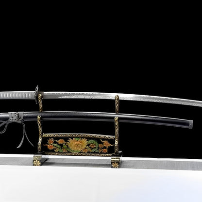Elden Ring Katana (Damaststahl & Hamon) - 静刀 — komplettes Set mit Seidenbeutel und Zertifikat