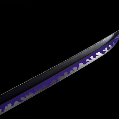 Enma Katana Zoro One Piece mit lila Saya, goldenen Beschlägen und Dreiblatt-Tsuba