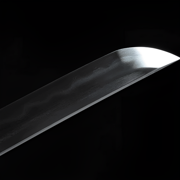 Hanachi Katana auf schwarzem Ständer mit lackierter Holz-Saya und sichtbarer dunkler Maserung