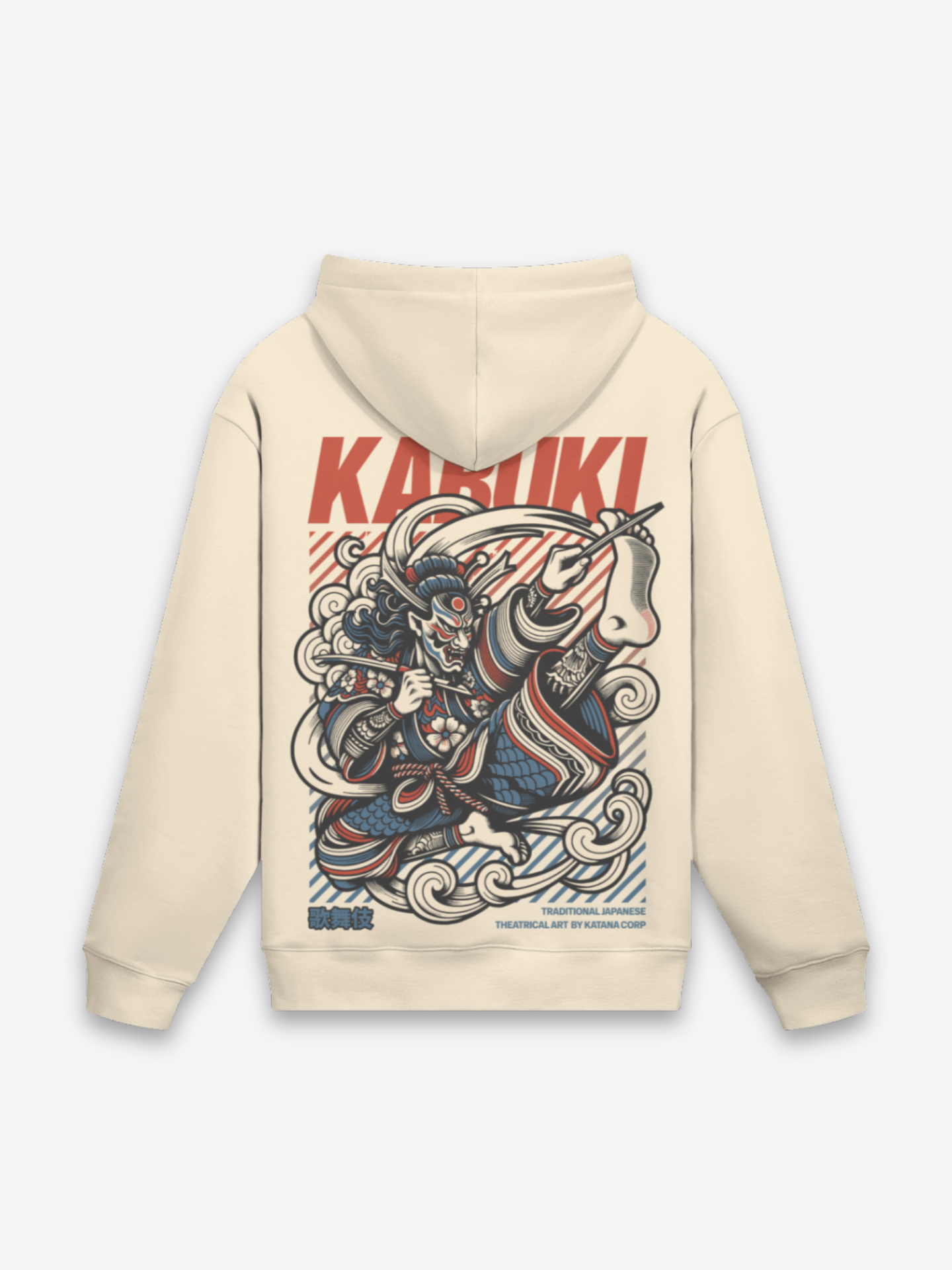 Kabuki Hoodie cremefarbener Fleece mit rot-schwarz-blauer Oni-Dämonen-Maske und wirbelnden Wolken-Motiven