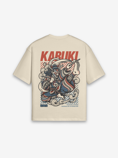 Kabuki T-Shirt cremefarben mit Ukiyo-e-Kabuki-Schauspieler, Oni-Maske und 歌舞伎 roter Typografie