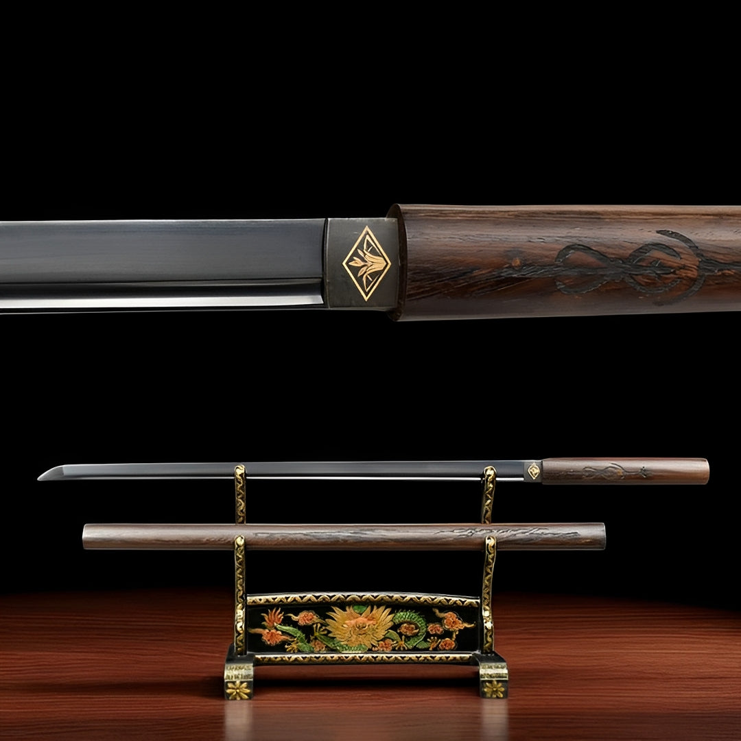 Kagehana Ninjato aus Manganstahl mit geradem Blatt und Rosenholz-Griff mit geschnitztem Drachen