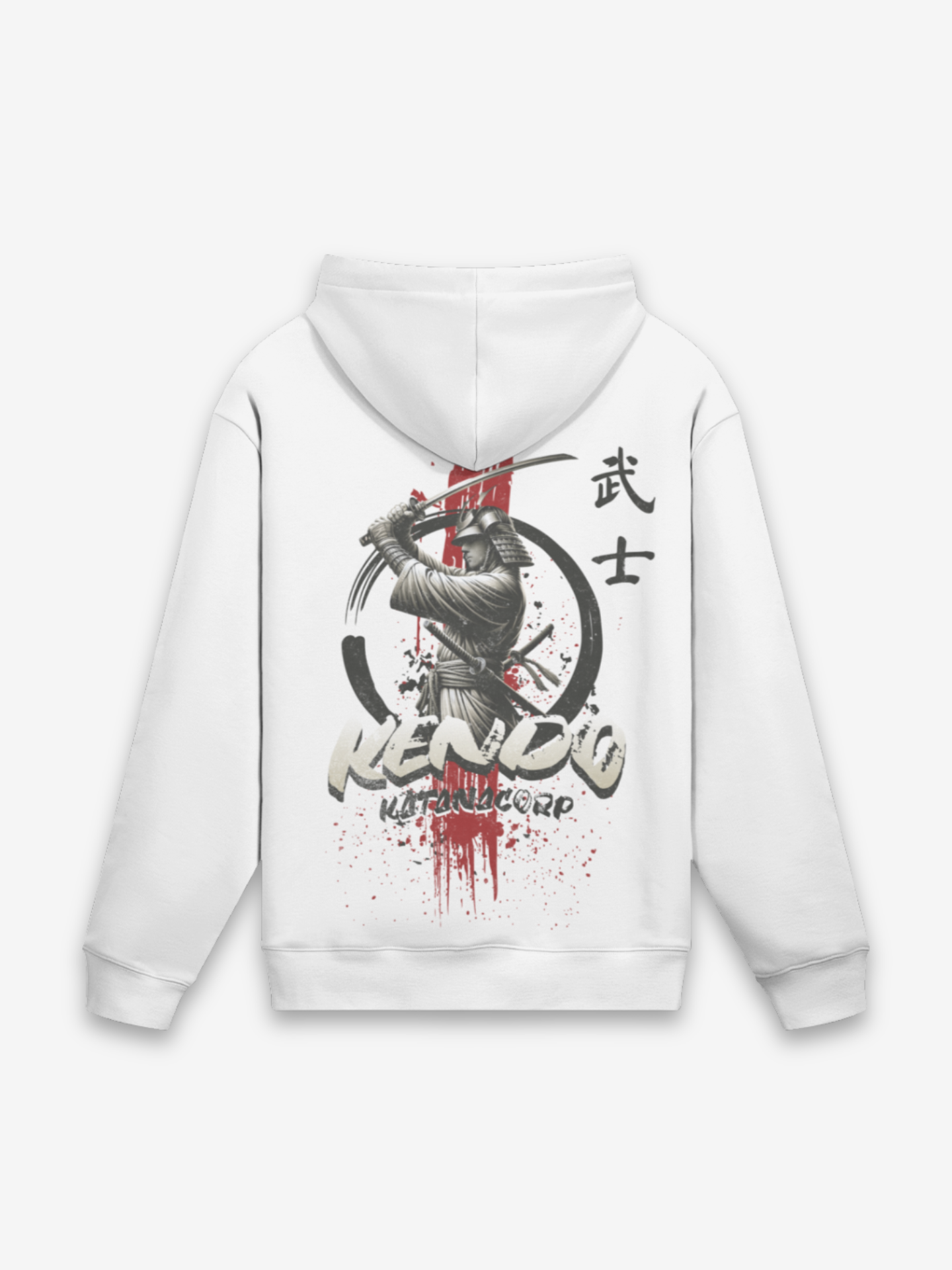 Kendo Hoodie weißes Fleece mit schwarz-rotem Schwertkämpfer-Backprint und Blutspritzer-Effekt