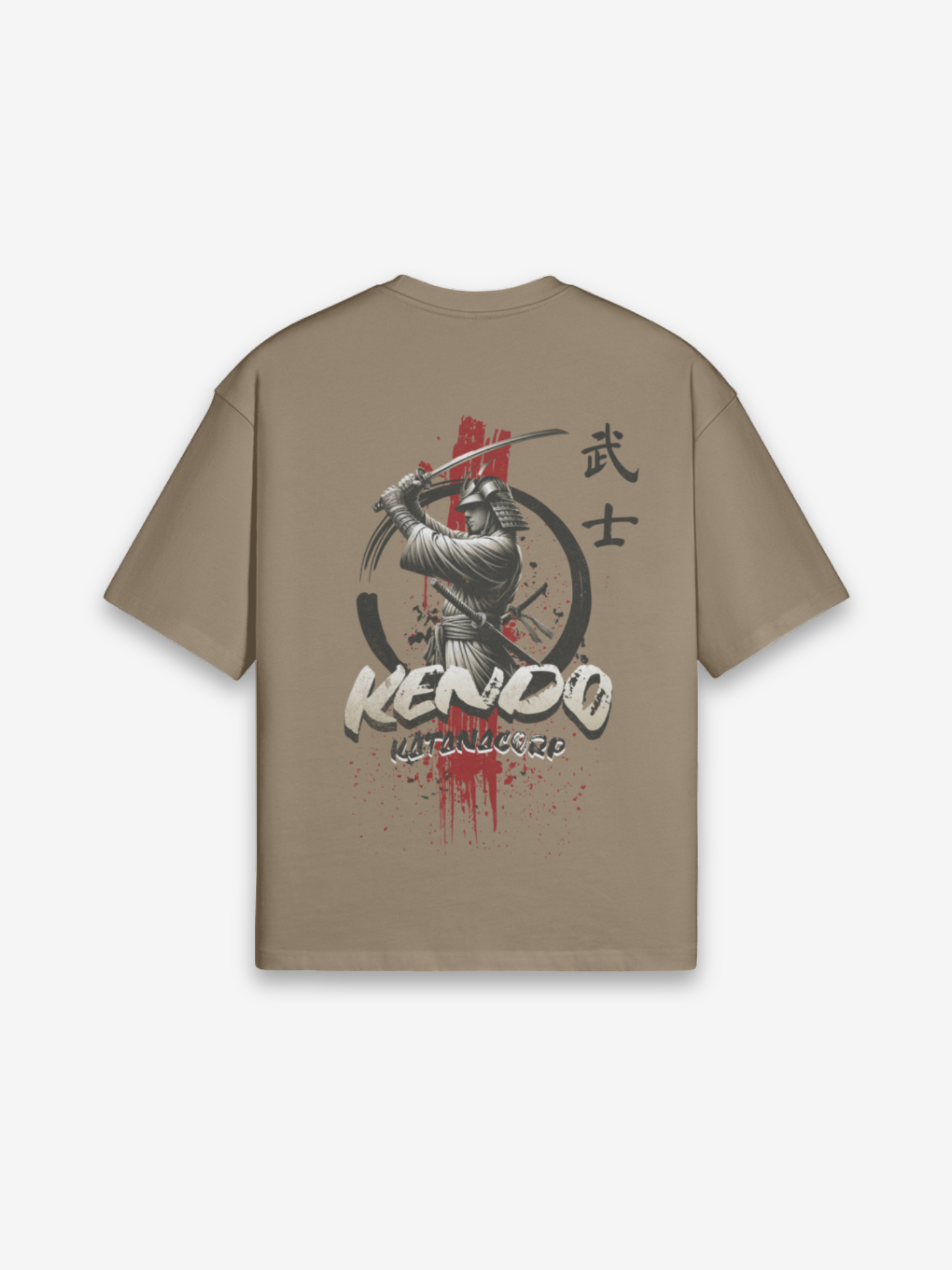 Kendo T-Shirt weiß mit schwarz-rotem dynamischem Schwertkämpfer, Enso-Kreis und Blutspritzer-Effekt
