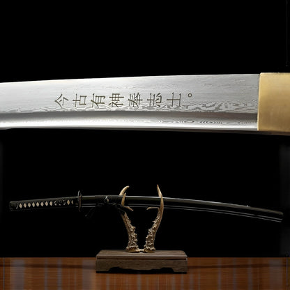 Kill Bill Katana - ダマスク — Komplett-Ansicht mit Saya und Display-Ständer
