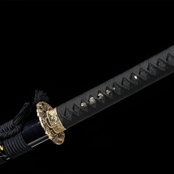 Waldberg-Katana-Komplettset mit brauner Saya, schwarz-goldener Drachen-Sekundärsaya und Kupfer-Tsuba