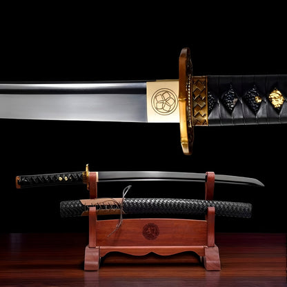 Kurohana Wakizashi 1060-Stahl mit Bo-Hi-Rille, Kupfer-Tsuba mit Mon und geflochtener schwarzer Saya