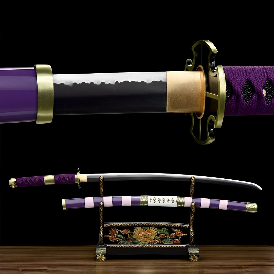 Luffy Nidai Kitetsu Katana (One Piece) - 夕影刀 — Komplett-Ansicht mit Saya und Display-Ständer