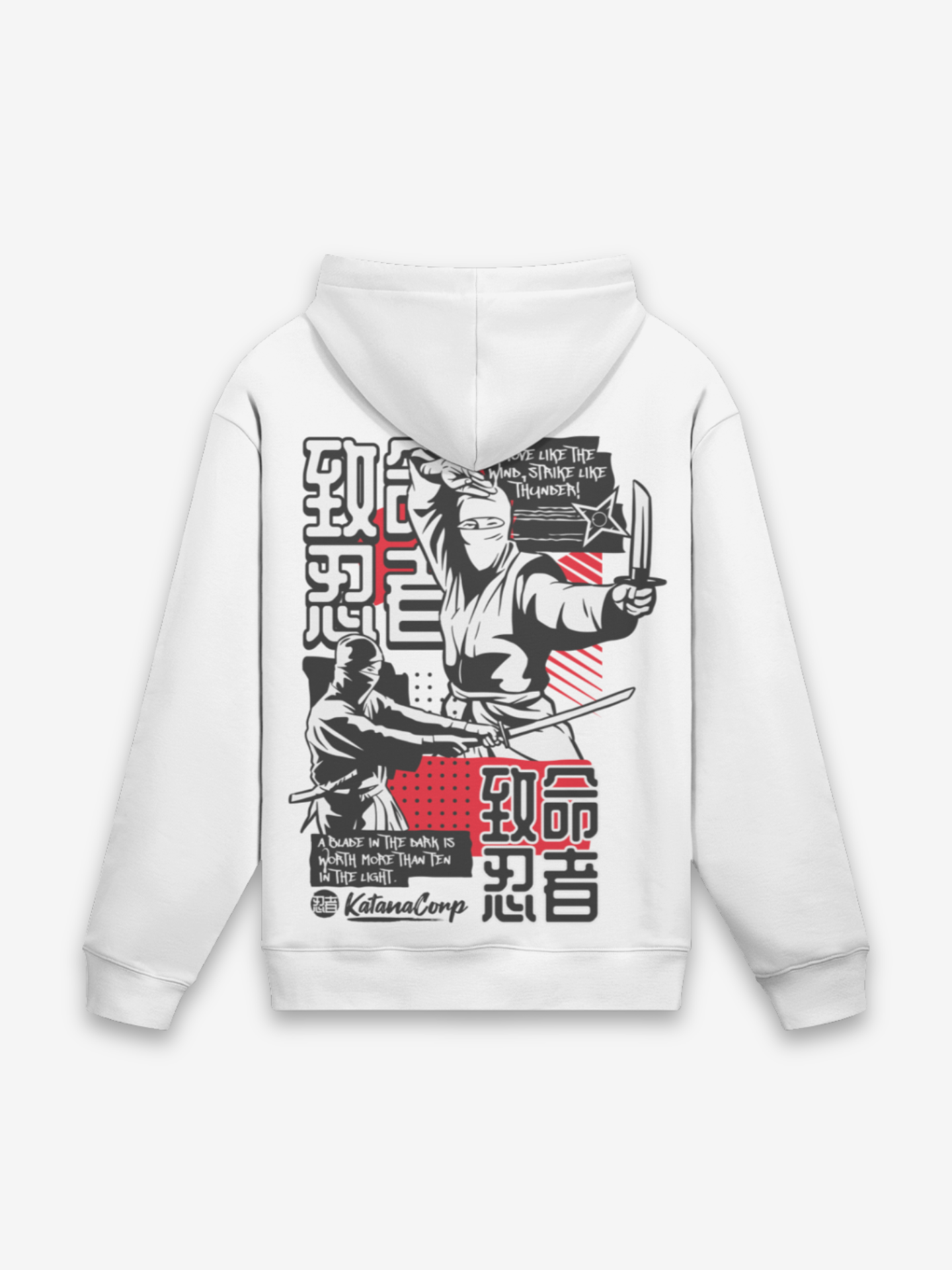 Ninja Hoodie weißer Fleece mit Schattenkrieger-Backprint in Schwarz und rotem 忍者 Kanji-Akzent