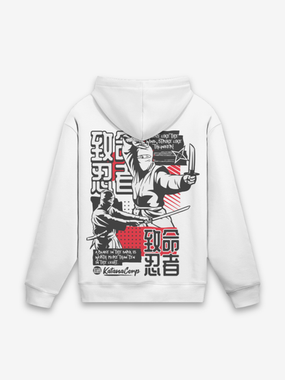 Ninja Hoodie weißer Fleece mit Schattenkrieger-Backprint in Schwarz und rotem 忍者 Kanji-Akzent