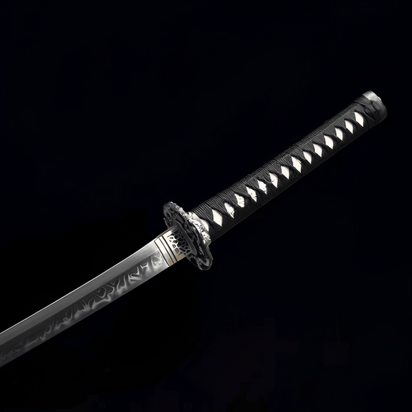 Ouryu Katana (T10-Damaststahl & echter Hamon) - 王竜 — Tsuba Nahaufnahme und Ito-Wicklung