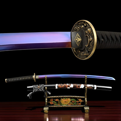 Lila Klinge Katana - パープル — Komplett-Ansicht mit Saya und Display-Ständer