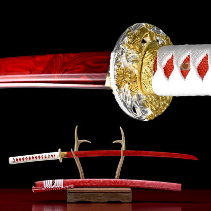 Rote Klinge Katana - ブレード — Komplett-Ansicht mit Saya und Display-Ständer