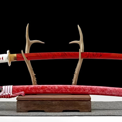 Rote Klinge Katana - ブレード — komplettes Set mit Seidenbeutel und Zertifikat