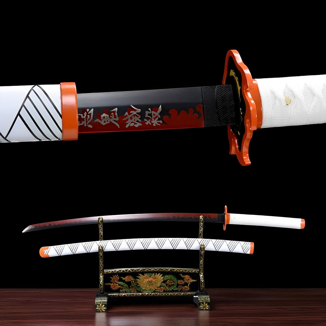 Rengoku Katana (Demon Slayer) - レンゴク — Komplett-Ansicht mit Saya und Display-Ständer