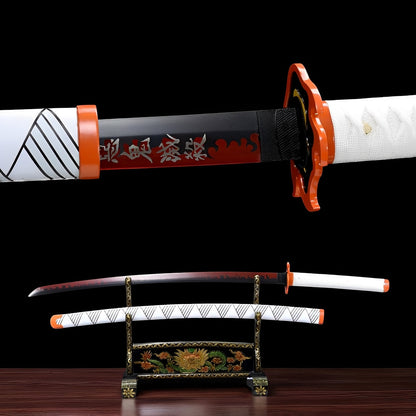 Rengoku Katana (Demon Slayer) - レンゴク — Komplett-Ansicht mit Saya und Display-Ständer
