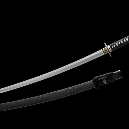 Ryujin Katana auf Holzständer mit 武-Kanji und echter Stachelrochen-Saya